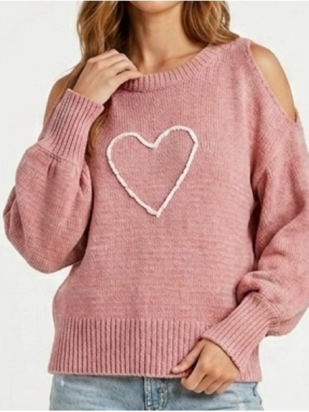 Simply Southern Pink Cold Shoulder Heart Chenille Knit Sweater - Size Small